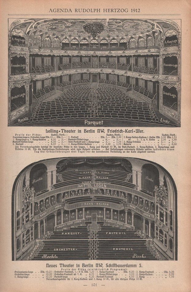 Schwarz-weiß-Illustration einer alten Buchseite mit einem großen Auditorium in Berlin, Deutschland, aus dem Jahr 1912, mit begleitendem Text und Layout-Details.