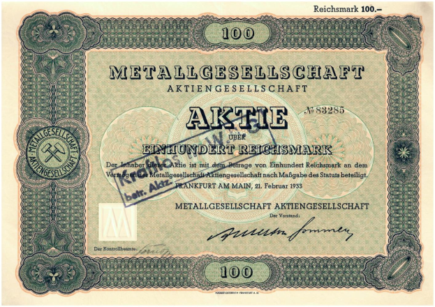 Eine alte deutsche 100 Reichsmark-Banknote aus dem Jahr 1933 mit der Aufschrift "Metallgesellschaft Aktie".