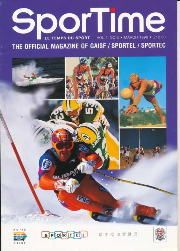 Ein Magazin-Cover mit der überschrift "Sporttime Magazine - März 1996" mit Bildern von Menschen beim Skifahren und Snowboarden sowie Texten und Logos.