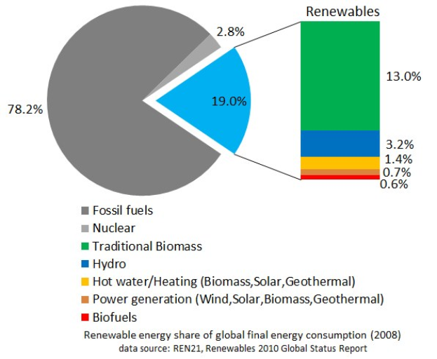 Tortendiagramm, das den globalen erneuerbaren Energieverbrauch im Jahr 2008 zeigt, aufgeteilt nach Energiequellen einschließlich fossiler Brennstoffe, Kernenergie, Wasserkraft, Warmwasser, Heizung, Biomasse, Solarenergie, Geothermie und Biokraftstoffe.