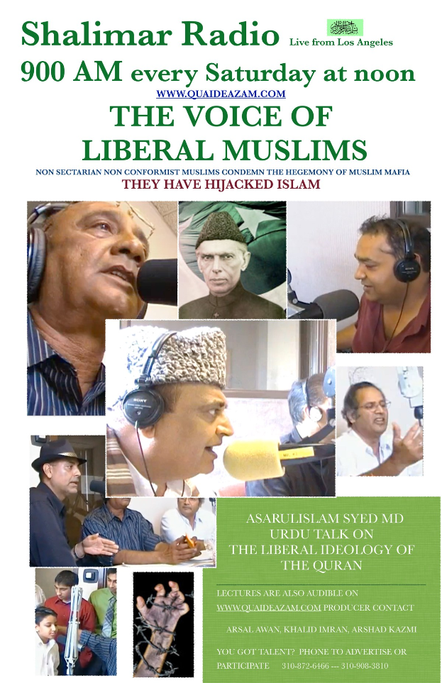 Plakat für eine Radiosendung namens "Die Stimme der liberalen Muslime", das Bilder von Menschen mit Kopfhörern und Mikrofonen in einem Gespräch zeigt.