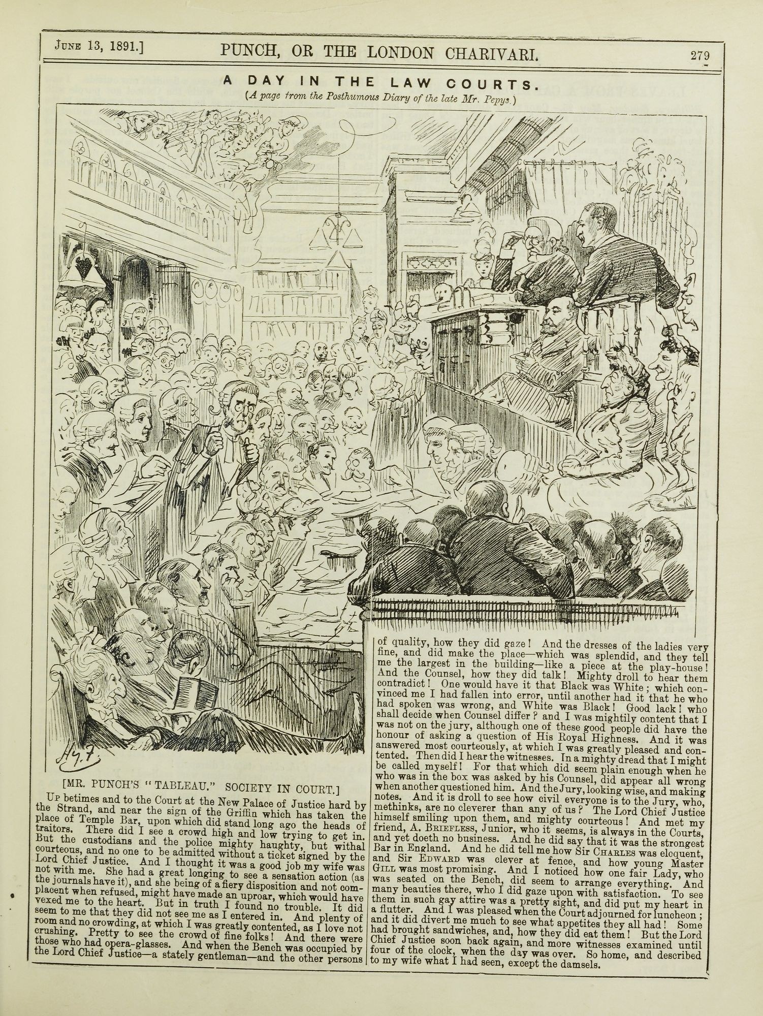 Offenes Buch mit einer Illustration einer Gerichtsszene, die eine diskutierende Menschenmenge zeigt, mit Text und Bildern auf der zentralen Seite.