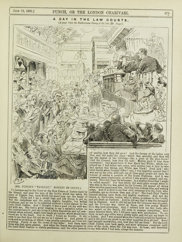 Offenes Buch mit einer Illustration einer Gerichtsszene, die eine diskutierende Menschenmenge zeigt, mit Text und Bildern auf der zentralen Seite.