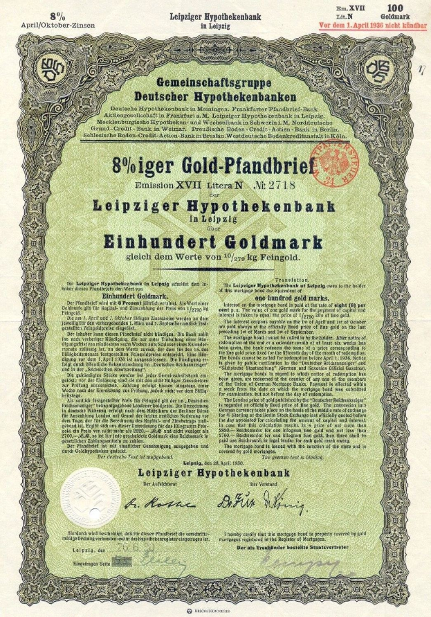 Grünes Wertpapier der Leipziger Hypothekbank mit gedrucktem Text und einem Stempel.