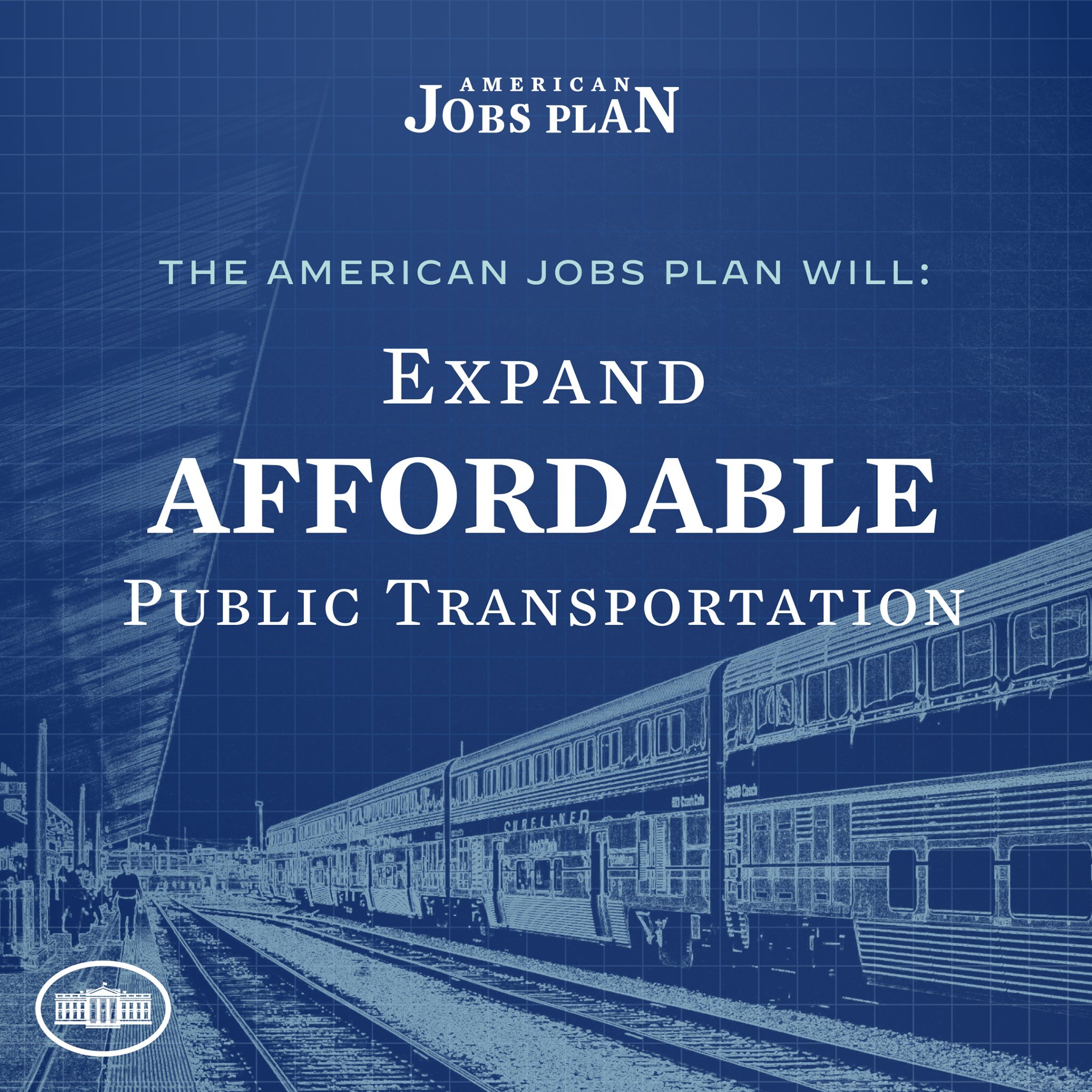 Plakat mit einem Zug auf einem Bahngeleise mit mehreren Menschen in der Nähe, das 'The American Jobs Plan Will Expand Affordable Public Transportation' bewirbt.