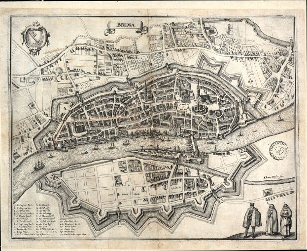 Ein altes Stadtplan von Bremen, Deutschland, mit einem schwarzen Rand, der detaillierte Straßen, Gebäude und andere Merkmale sowie beschreibenden Text zeigt.