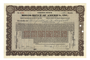 Altes Aktienzertifikat ausgestellt von Rolls Royce of America, Inc. mit gedrucktem Text und numerischen Details.