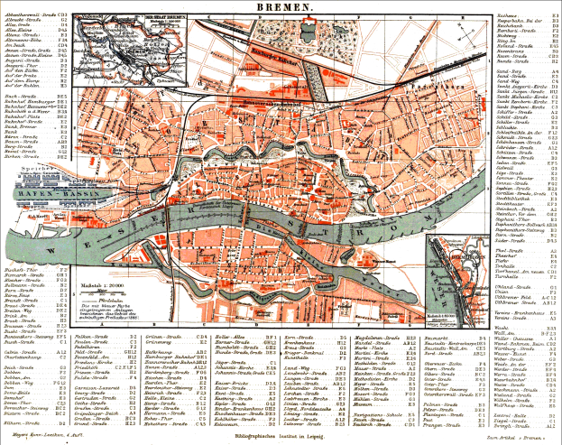 Ein detailliertes, altes Stadtplan von Bremen, Deutschland, der Straßen, Gebäude, Landmarken und umliegende Gebiete zeigt, auf Papier gedruckt.