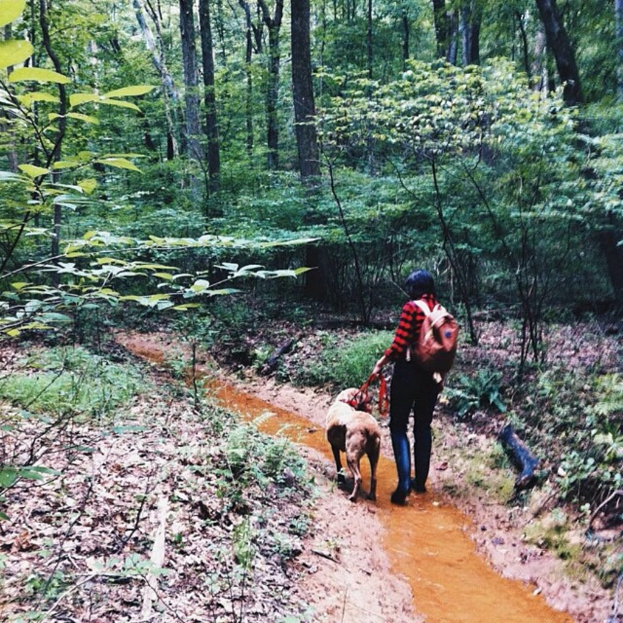 Eine Frau in einem roten Shirt und schwarzen Jeans, die einen Rucksack trägt, hält einen Hund an der Leine, während sie durch flaches Wasser in einem bewaldeten Gebiet geht, umgeben von Pflanzen und Bäumen.