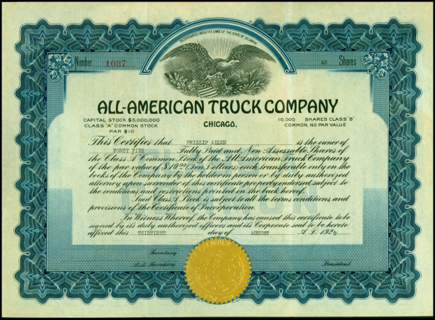 Aktienzertifikat der All-American Truck Company mit schwarzem Rand und goldenem Siegel in der Mitte, das Unternehmensdetails angibt.