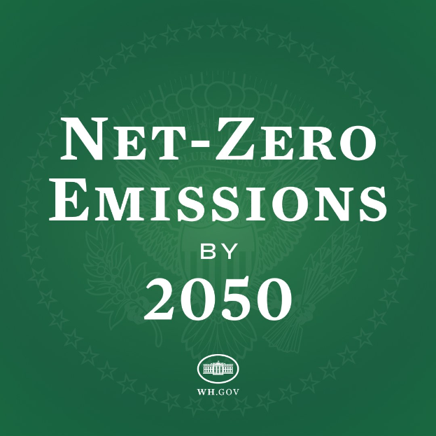 Weißer fetter Text auf einem grünen Hintergrund, der 'netto-null-Emissionen bis 2050' zeigt.