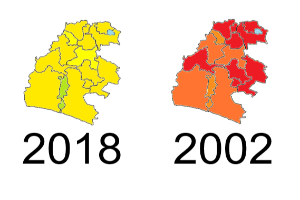 Eine Deutschlandkarte mit Bundesländern von 2018 und 2002, die in Gelb, Rot und Orange hervorgehoben sind, auf einem weißen Hintergrund mit Text.