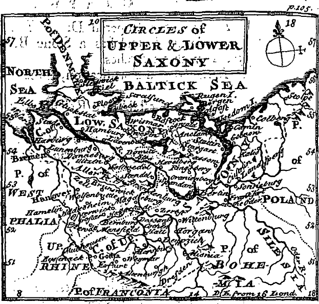 Eine detaillierte Schwarz-Weiß-Karte von Ober- und Niedersachsen, die geographische Merkmale wie Flüsse, Berge und Städte zeigt, mit überlagertem informativem Text.