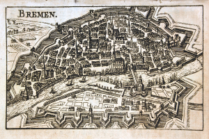 Ein detaillierter alter Stadtplan von Bremen, Deutschland, mit Gebäuden und Text auf Papier.