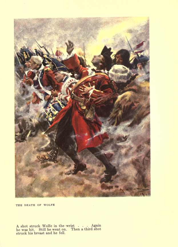 Ein Plakat mit der Aufschrift 'Der Tod von Wolfe', das eine Gruppe besorgter Menschen zeigt, einige schauen ängstlich nach oben und andere traurig nach unten, mit gedämpften Farben, die eine melancholische Stimmung schaffen.