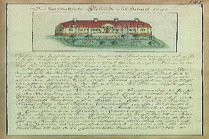 Ein altes Dokument mit einer detaillierten Zeichnung eines Hauses mit rotem Dach und weißen Wänden, das als Schleswig-Holstein-Schule von Delmar in Deutschland im Jahr 1797 vermutet wird, unterzeichnet von der Schule.