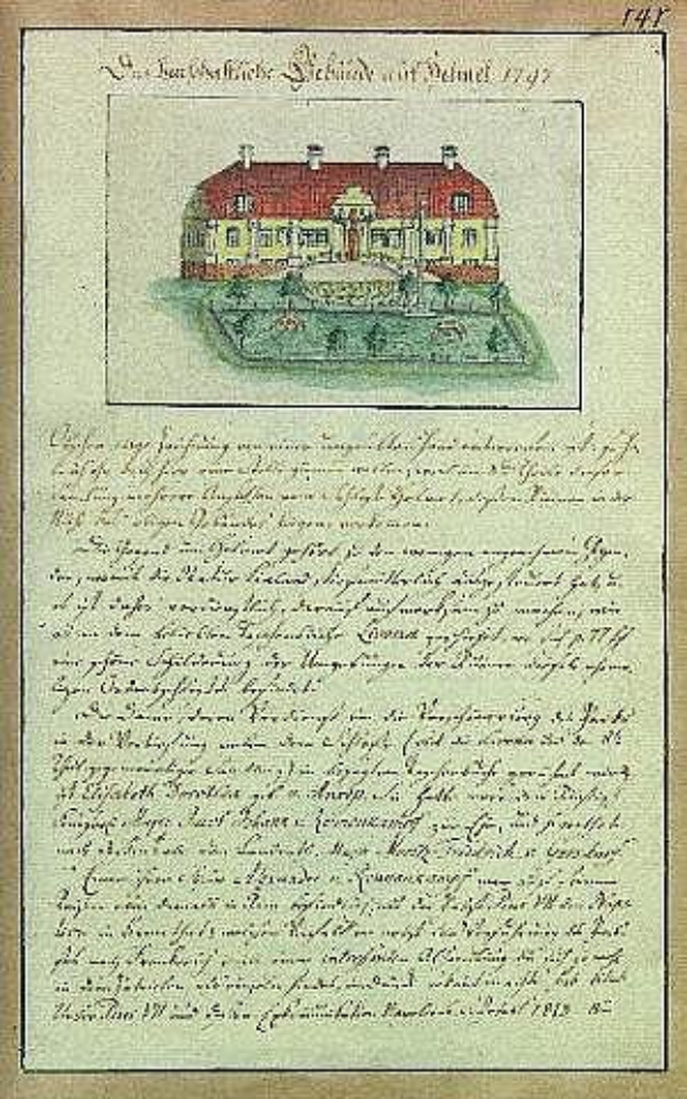 Ein altes Dokument mit einer detaillierten Zeichnung eines Hauses mit rotem Dach und weißen Wänden, das als Schleswig-Holstein-Schule von Delmar in Deutschland im Jahr 1797 vermutet wird, unterzeichnet von der Schule.