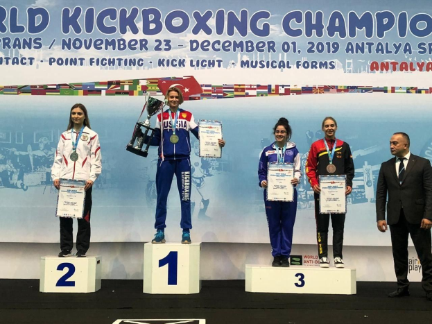 Eine Gruppe von fünf Personen auf einem Podium, jede mit einem Pokal und Urkunden in den Händen, im Hintergrund ein Banner mit der Aufschrift "World Kickboxing Championship Antalya 2019".