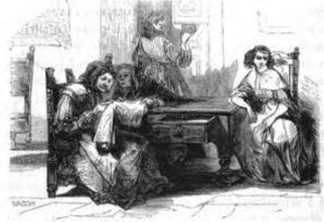 Schwarze und wei├če Zeichnung einer Gruppe von Menschen, die um einen Tisch in einem Raum sitzen, mit einer Person im Hintergrund, die alle besorgt aussehen.