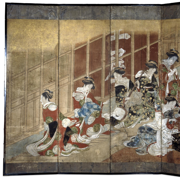 Ein japanisches Vier-Paneel-Bild aus der Meiji-Zeit, das einen Kreis von Frauen in bunten Kimonos vor einem tiefblauen Hintergrund zeigt, wobei eine Frau in der Mitte die Arme ausstreckt.