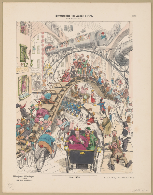 Ein altes Buch mit einer Zeichnung einer aufgeregten Menge an einem Bahnhof von 1900, umgeben von einem Photo-Rahmen, mit dem Text "Straßenbild im Jahre 1900" auf der Seite.
