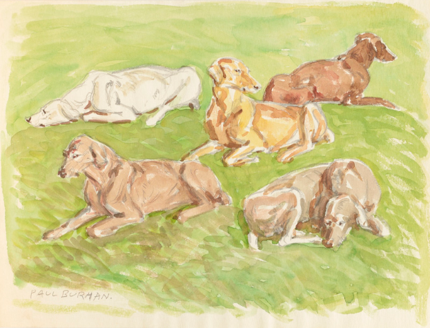 Ein realistische Malerei von mehreren Dackeln, die auf einem leuchtend grünen Feld unter einem sonnigen Himmel liegen und eine friedliche Atmosphäre schaffen.