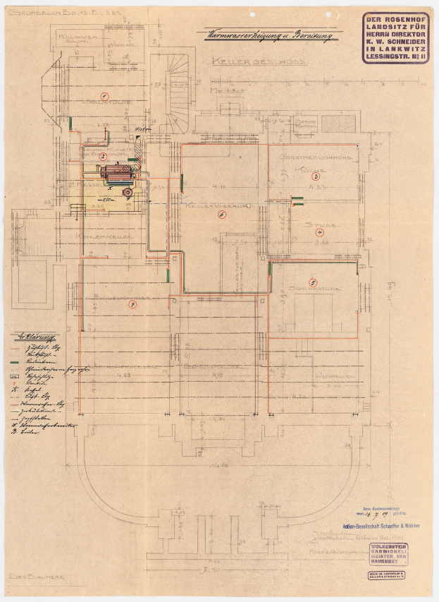 Schwarze-weißes Architekturdiagramm des Rosenhof-Krankenhauses in Hamburg, Deutschland, das detaillierte Layout mit zahlreichen Drähten, Räumen, Fluren und Textanmerkungen zeigt.