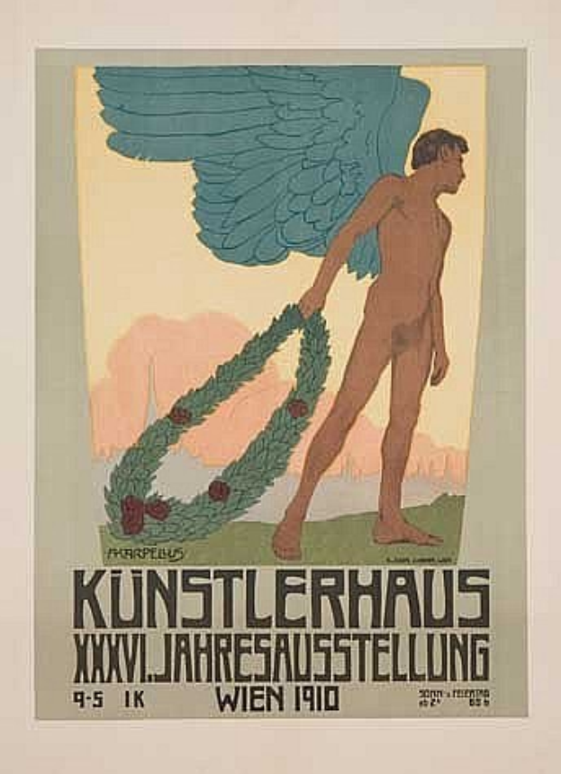 Deutsches Propagandaplakat aus dem Jahr 1910 für das Künstlerhaus Wien, das einen geflügelten Mann in heroischer Pose mit einer Krone zeigt, mit großen Buchstaben oben.