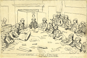 Gerichtssaal-Szene mit Anwälten um einen langen Tisch mit Papieren und Gegenständen, mit Text unten.