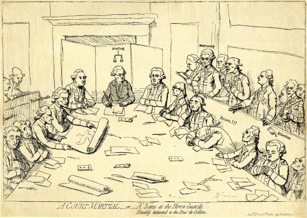 Gerichtssaal-Szene mit Anwälten um einen langen Tisch mit Papieren und Gegenständen, mit Text unten.