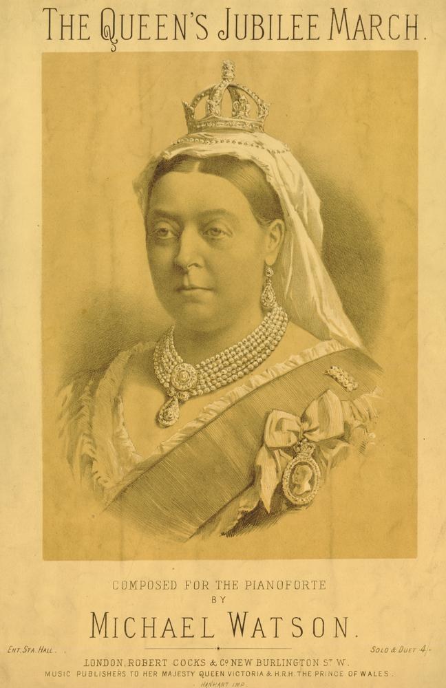 Ein Mann in einem dunklen Mantel und Hut und eine Frau in einem prunkvollen Kleid stehen Seite an Seite vor einem Gebäude, Bäumen und einem klaren blauen Himmel, mit der Bildunterschrift "Thomas Rowlandson, 'Die Rückkehr des Königs und der Königin von England'.