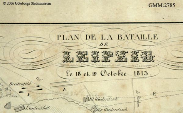 Ein detailliertes altes Schlachtfeld von Leipzig, das verschiedene Schlachten zeigt und mit Text über das Datum, die Uhrzeit und den Ort annotiert ist.