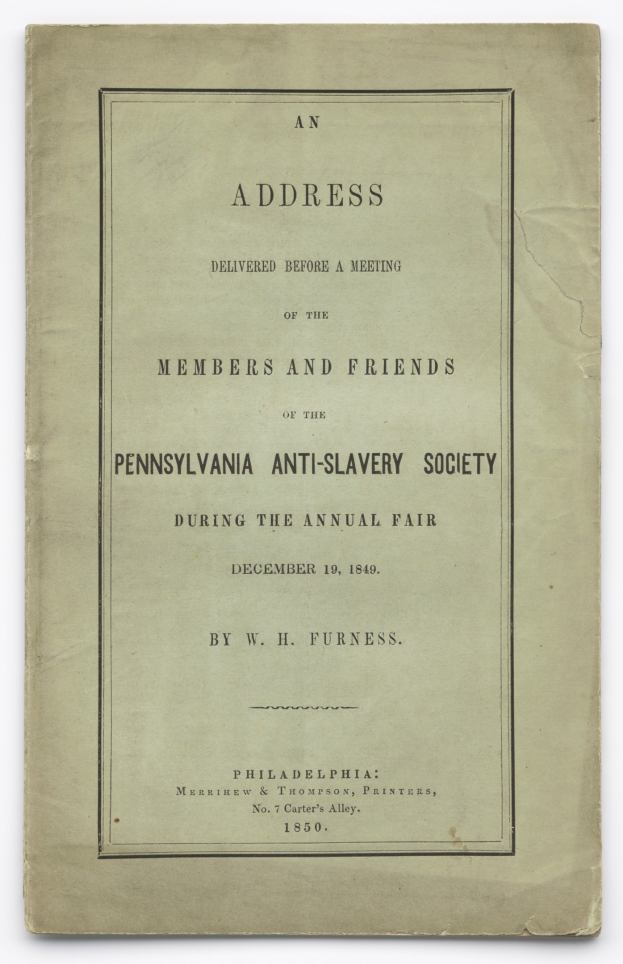 Ein Buch mit dem Titel "Eine Ansprache vor einer Versammlung der Mitglieder und Freunde der Pennsylvania Anti-Slavery Society während der jährlichen Messe" ist auf einer Seite mit schwarzer Tinte aufgeschrieben.