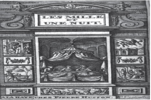 Eine Schwarzweiß-Gravur eines Baldachinbetts, umgeben von ein paar Menschen, mit dem Text "Les mille et une nuit" oben und unten.