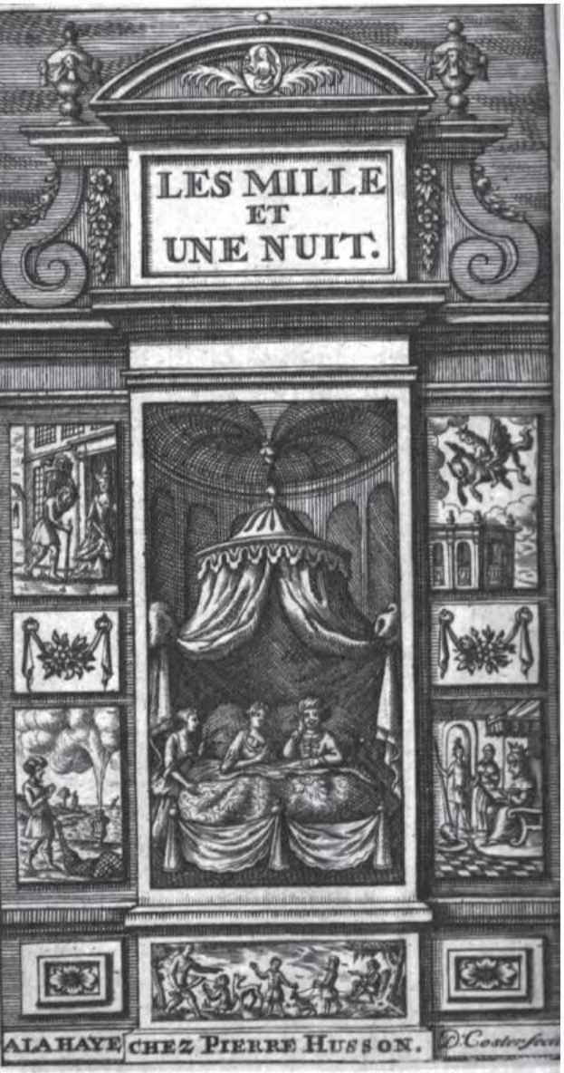 Eine Schwarzweiß-Gravur eines Baldachinbetts, umgeben von ein paar Menschen, mit dem Text "Les mille et une nuit" oben und unten.