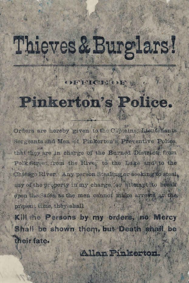 Ein Plakat mit fetter schwarzer Schrift, die "Diebe & Einbrecher Pinkertons Polizei" lautet, auf einem weißen Hintergrund, eingerahmt von einem schmalen schwarzen Rand.