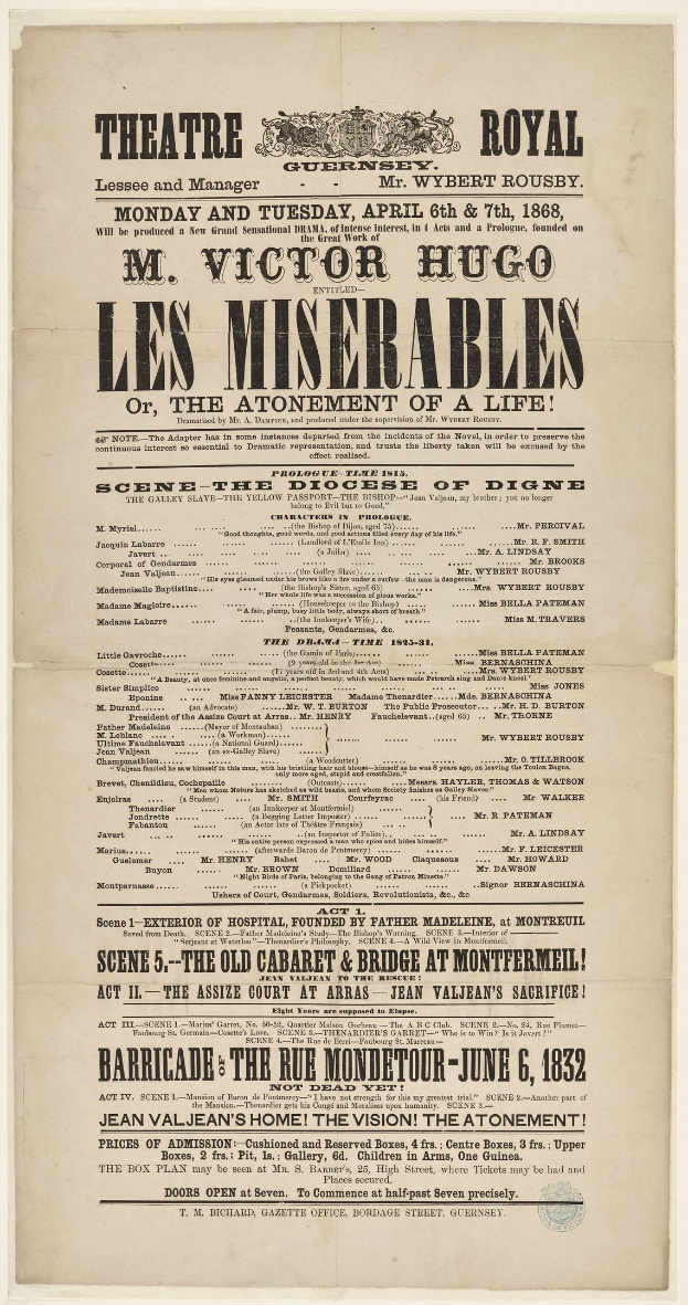 Schwarz-weiß-Anzeige in einer Zeitung für das Theatre Royal, London, wahrscheinlich für das Musical Les Misérables.