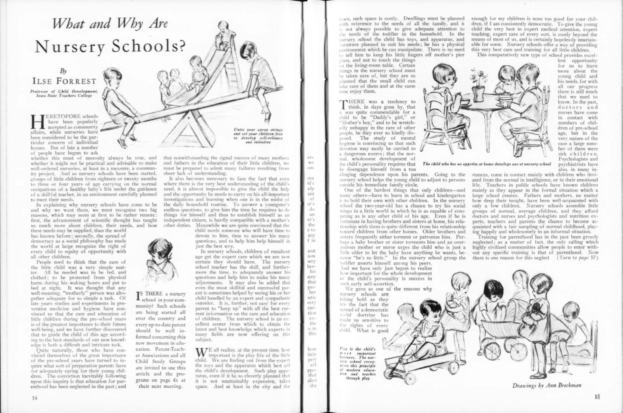 Offenes Buch mit Illustrationen und Text, das eine Zeichnung von Kindern in einem Kindergarten und einen Tisch mit verschiedenen Gegenständen zeigt.