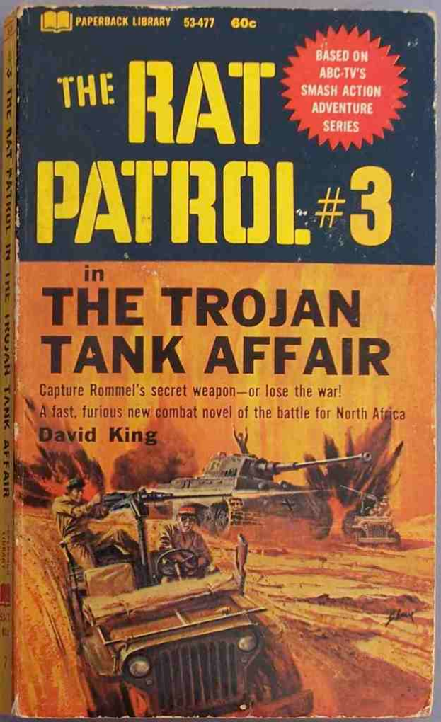 Ein Buchumschlag mit Armee-Panzern und Jeeps in einer Kriegszene mit Text ├╝ber der Illustration.