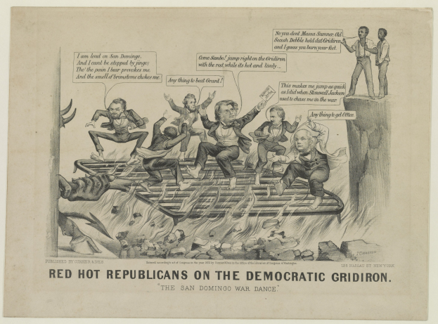 Ein Blatt Papier mit einer Zeichnung von verzweifelten, roten, heißen Republikanern auf einem demokratischen Gridiron, mit fetter, schwarzer Schrift, die eine ernste Situation betont.