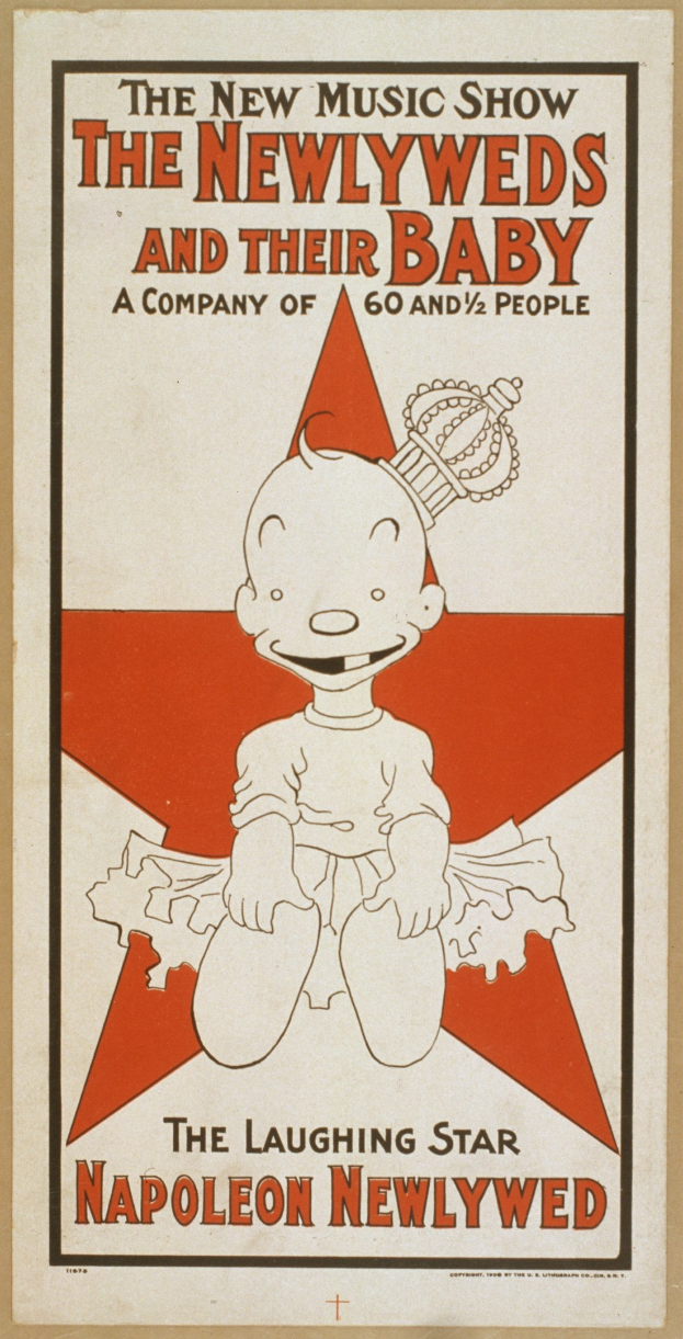 Plakat für "The New Music Show: The Newlyweds and Their Baby" mit einer Cartoon-Baby in einem weißen Onesie mit einer pinken Schleife, die gegen einen hellblauen Hintergrund mit Sternen lächelt.