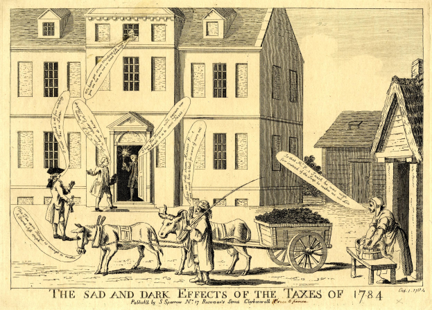 Ein Blatt Papier mit einer Zeichnung eines Gebäudes, eines Wagens mit Gegenständen und einigen Menschen, mit Text unten, der 'die traurigen und dunklen Auswirkungen der Steuern von 1784' lautet.