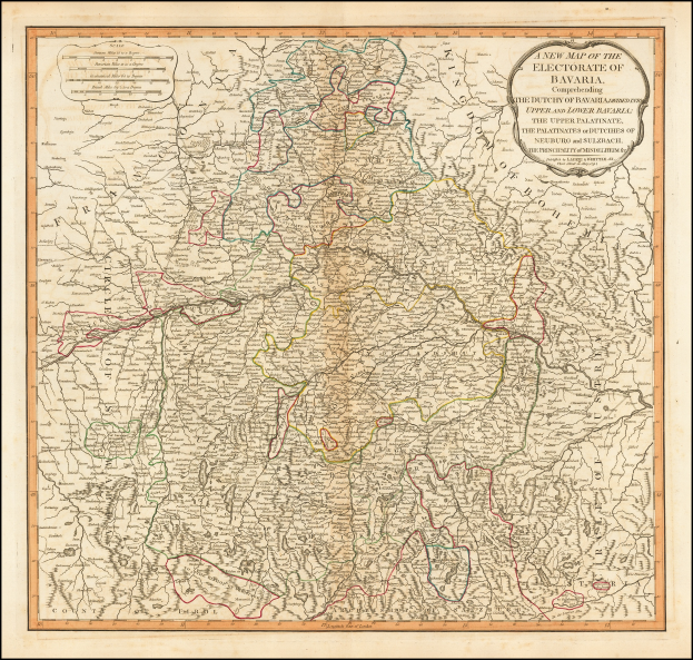 Ein gerahmtes Bild der Wahlkreise Bayerns, das die Provinzen Deutschlands und Österreichs zeigt.