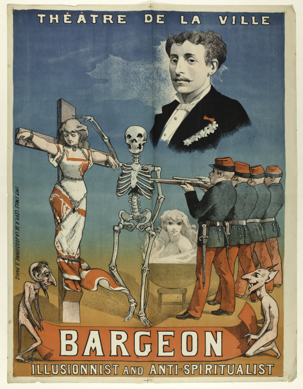 Ein Plakat für das Théâtre de la Ville in Paris, das eine Gruppe von besorgten Menschen, einen zentralen Skelett mit ausgestreckten Armen und eine fett gedruckte Schrift zeigt, die "Bargeon Illusionist und Anti-Spiritualist" lautet.
