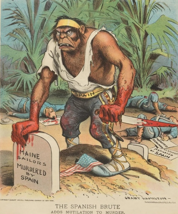 Ein Cartoon zeigt einen Mann mit einem Messer vor einem Grab mit Text darauf, umgeben von liegenden Menschen und Bäumen im Hintergrund; Text unten lautet: "Der spanische Grobian fügt Verstümmelung zum Mord hinzu."