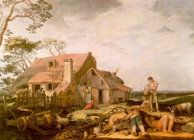 Ein Gemälde mit dem Titel 'Die Bauernfrau' von Jan Brueghel dem Älteren zeigt einen Mann und eine Frau vor einem Reetdachhaus, umgeben von verschiedenen Tieren, einem Wagen, einem hölzernen Zaun, Bäumen und einem bewölkten Himmel.