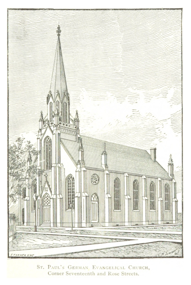 Eine Zeichnung der Deutschen Evangelischen Kirche St. Paul mit einem Baum im Vordergrund und einem klaren blauen Himmel im Hintergrund, mit Text am unteren Rand des Bildes.