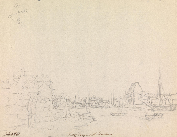 Eine Zeichnung eines Hafens mit Booten im Wasser, umgeben von Häusern, Bäumen und Pfählen, mit dem Text "Patt Wygonatt Hartman, Hafen von Brügge" unten.
