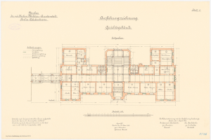 Schwarz-weißer Architekturgrundriss des Reichstagsgebäudes in Berlin, Deutschland, mit Raumaufteilung, Fluren, Fenstern und Türen.