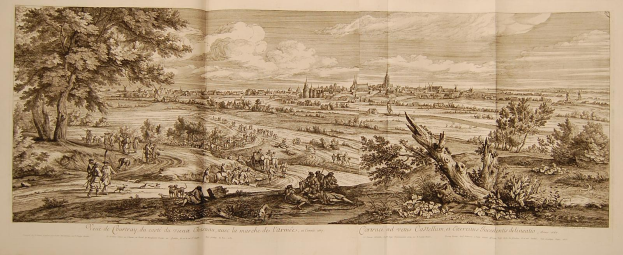 Offenes Buch mit dem Titel 'Ansicht der Schlacht von Castellum und Castellium, aus der Illustrated London News' zeigt eine Landschaftsillustration mit einer Gruppe von Menschen im Vordergrund, Bäumen, Pflanzen, Gebäuden im Hintergrund und Wolken am Himmel.